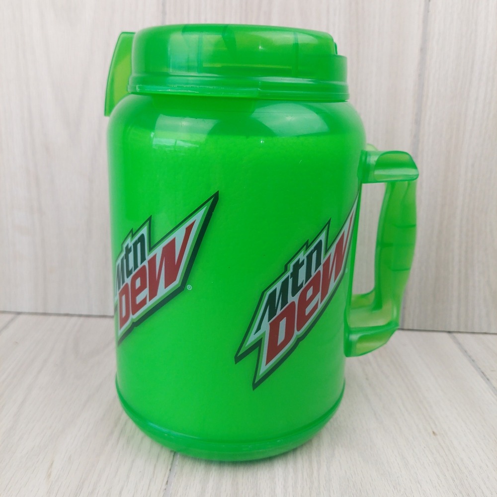 Whirley Mountain Dew Insulated Plastic Mug 64 oz Large Neon Green Retro Logo Y2K